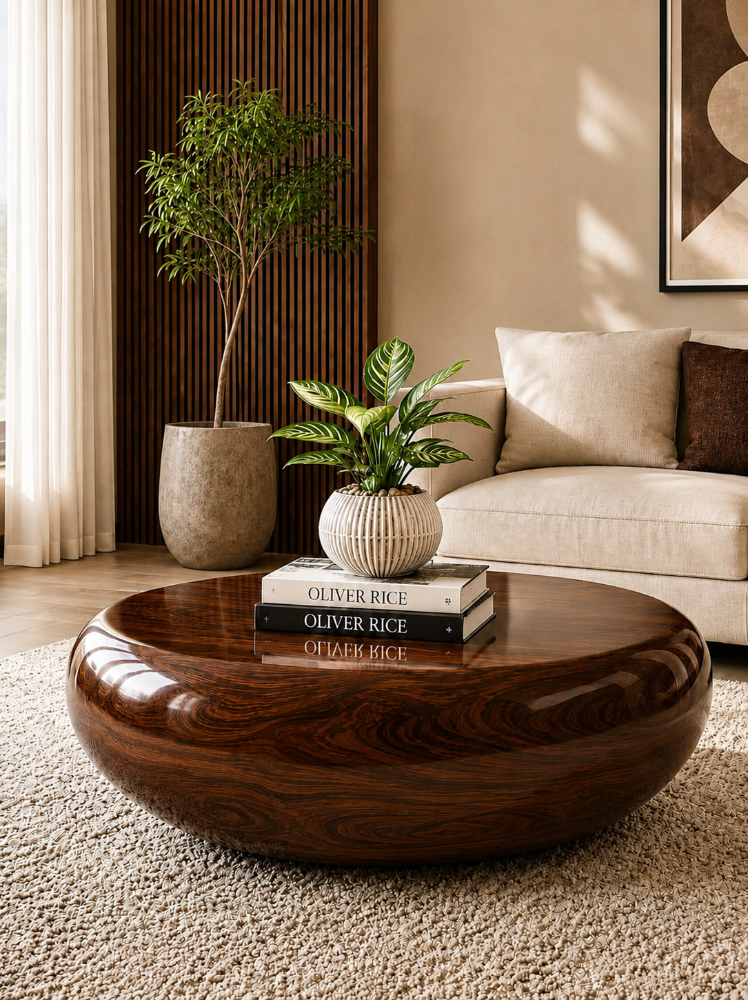 Modern Rounded Wooden Coffee Table – Luxury Oval Center Table for Living Room