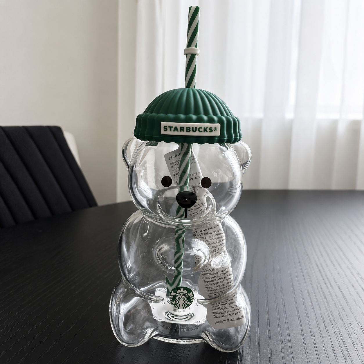 Starbucks Bear Glass Tumbler with Green Dome Lid & Reusable Straw